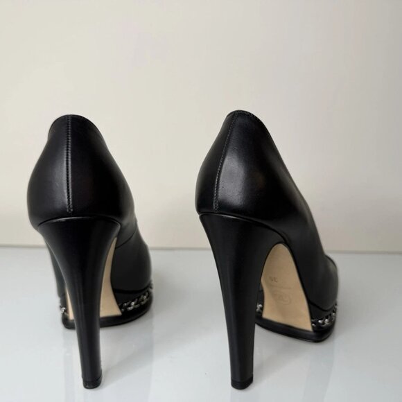 Chanel Black Leather Platform Silver Chain Pump Heel Shoes Sz 36 EU CC Cap Toe - Picture 7 of 12